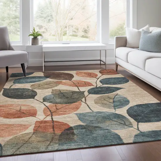 Beige Copper And Denim Blue Floral Washable Indoor Outdoor Area Rug Photo 8