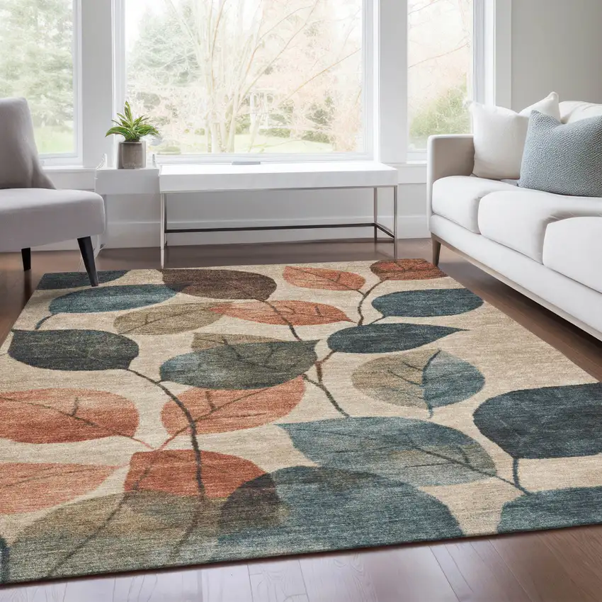 Beige Copper And Denim Blue Floral Washable Indoor Outdoor Area Rug Photo 8