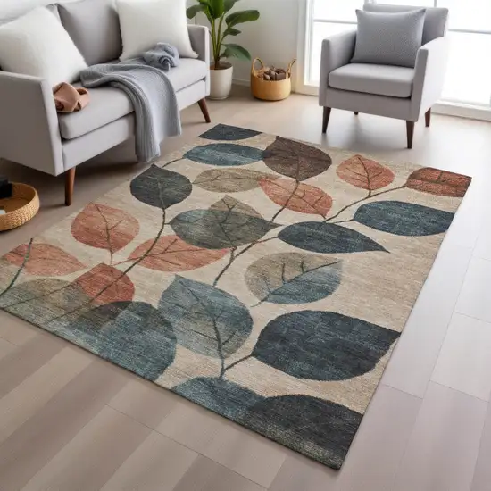 Beige Copper And Denim Blue Floral Washable Indoor Outdoor Area Rug Photo 7