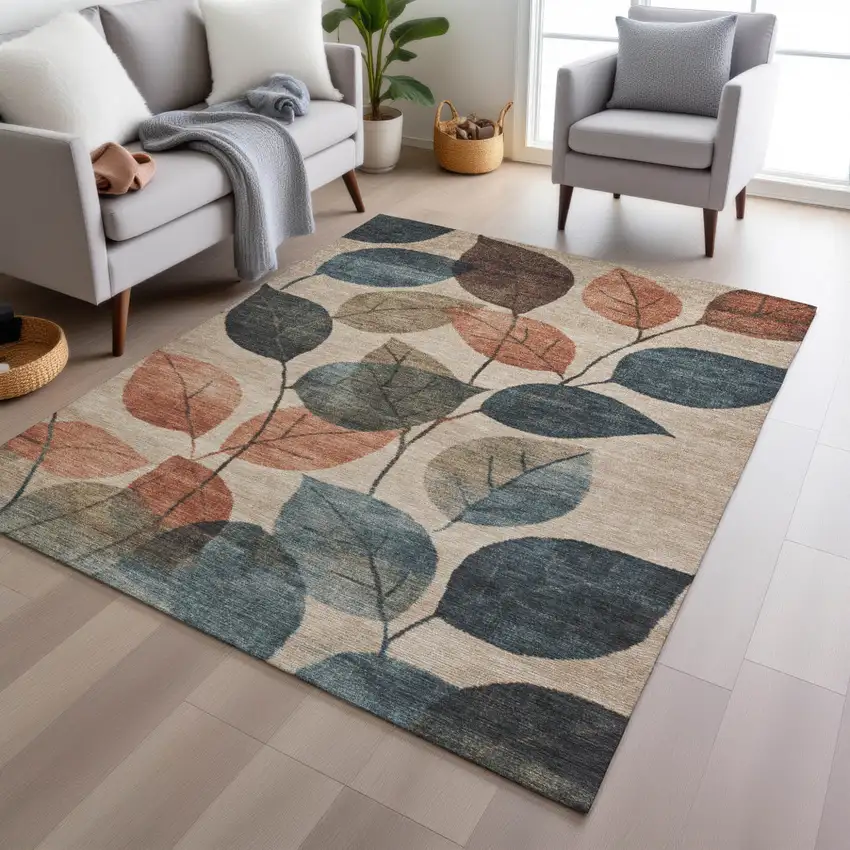 Beige Copper And Denim Blue Floral Washable Indoor Outdoor Area Rug Photo 7