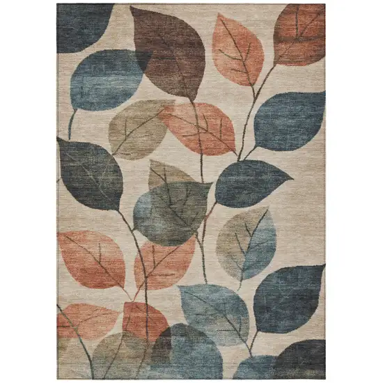 Beige Copper And Denim Blue Floral Washable Indoor Outdoor Area Rug Photo 1