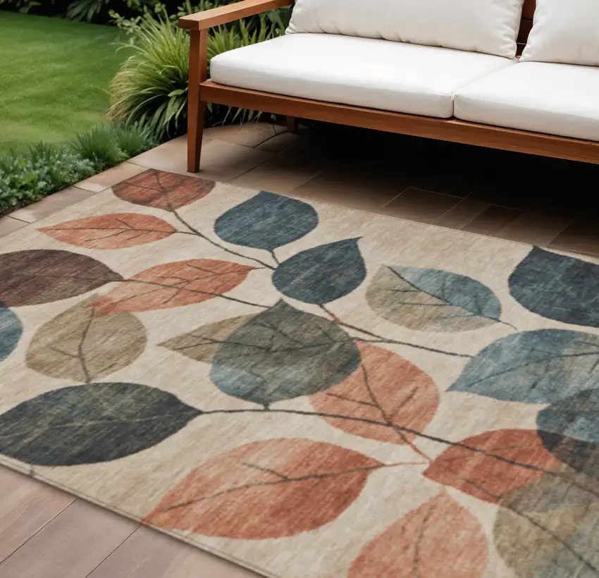 Beige Copper And Denim Blue Floral Washable Indoor Outdoor Area Rug Photo 2