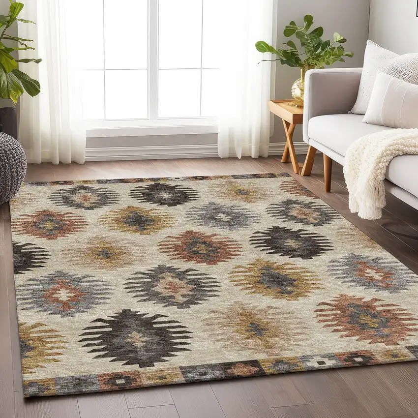 Beige Copper And Gold Southwestern Washable Area Rug With UV Protection Photo 4
