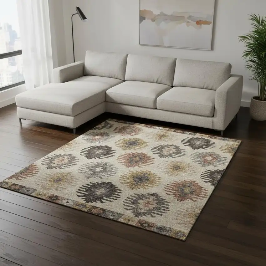 Beige Copper And Gold Southwestern Washable Area Rug With UV Protection Photo 2