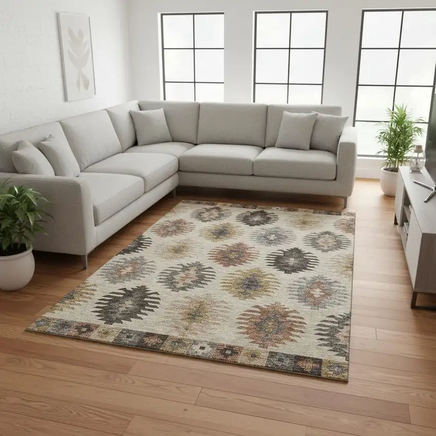 Beige Copper And Gold Southwestern Washable Area Rug With UV Protection Photo 2