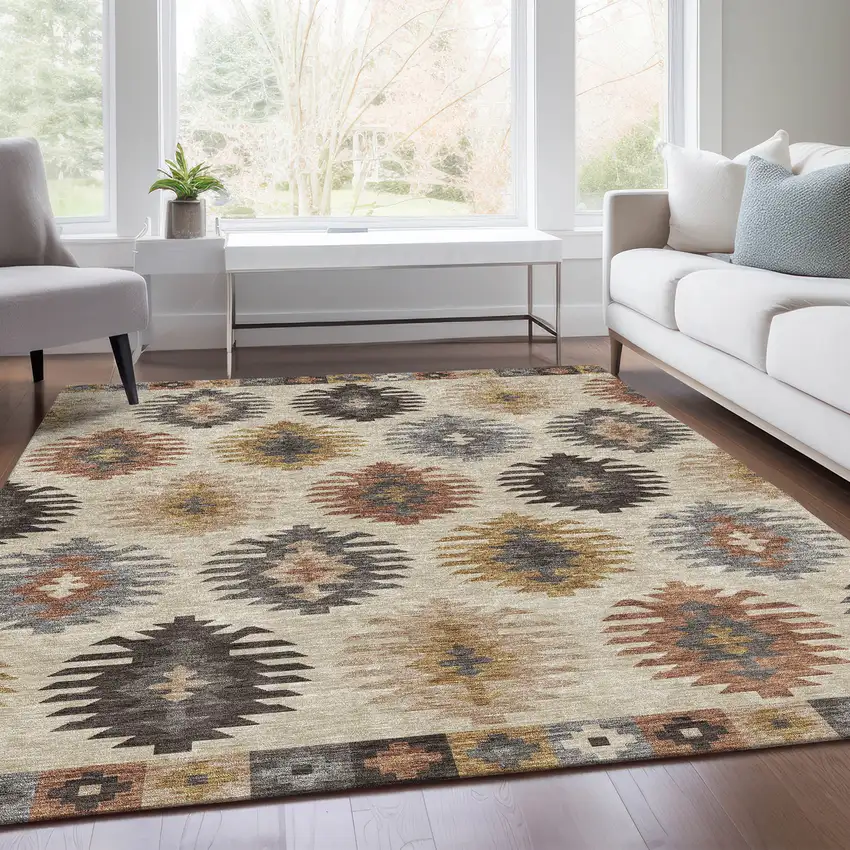 Beige Copper And Gold Southwestern Washable Area Rug With UV Protection Photo 4