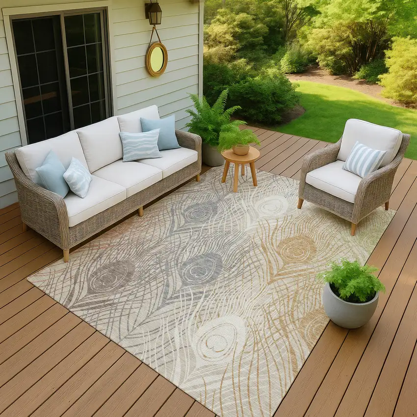 Beige Copper And Gray Floral Washable Indoor Outdoor Area Rug Photo 9
