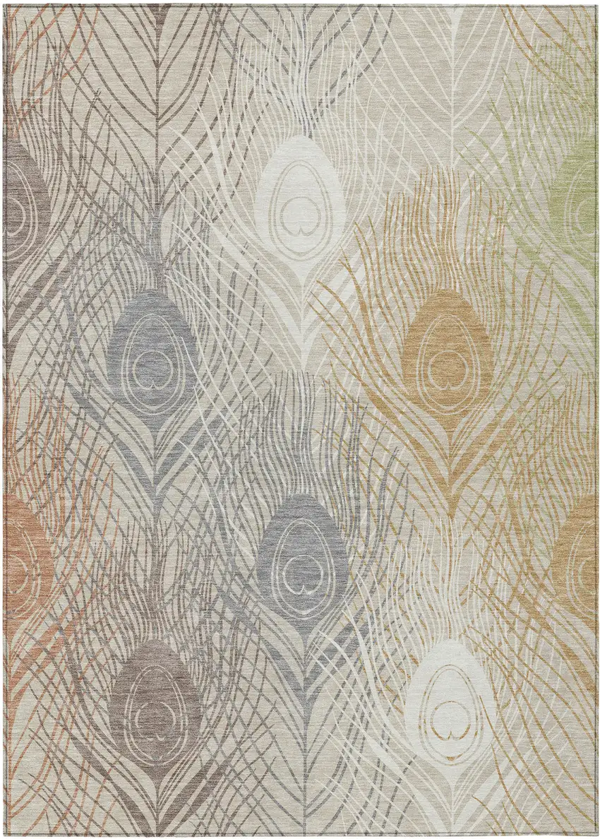 Beige Copper And Gray Floral Washable Indoor Outdoor Area Rug Photo 2