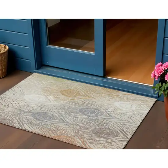 Beige Copper And Gray Floral Washable Indoor Outdoor Area Rug Photo 1
