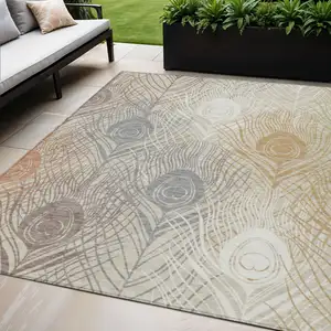Photo of Beige Copper And Gray Floral Washable Indoor Outdoor Area Rug