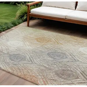 Photo of Beige Copper And Gray Floral Washable Indoor Outdoor Area Rug