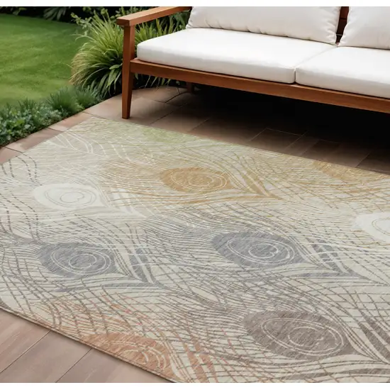Beige Copper And Gray Floral Washable Indoor Outdoor Area Rug Photo 1