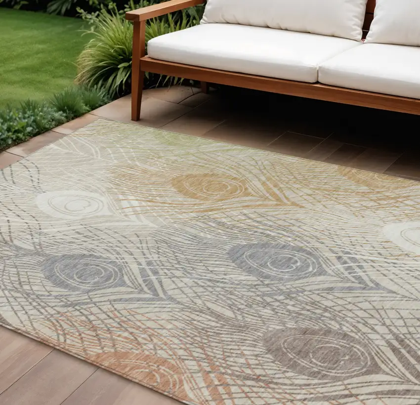 Beige Copper And Gray Floral Washable Indoor Outdoor Area Rug Photo 1