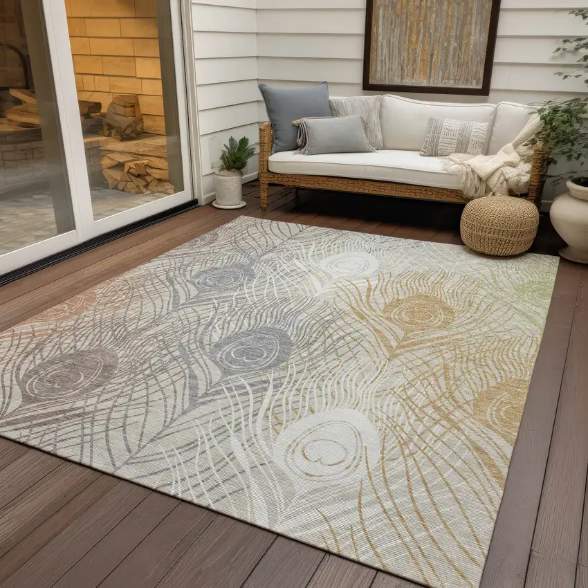 Beige Copper And Gray Floral Washable Indoor Outdoor Area Rug Photo 9
