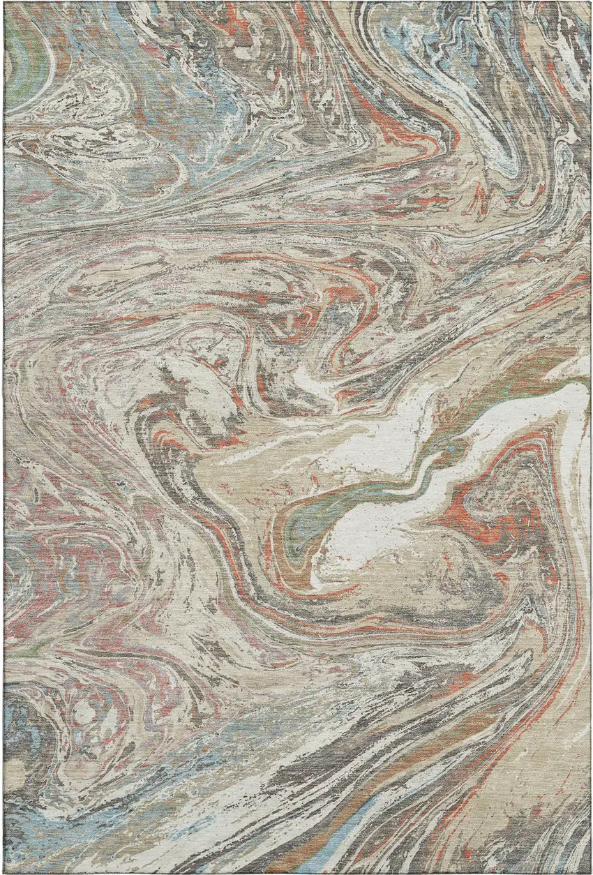 Beige Copper And Green Abstract Washable Area Rug With UV Protection Photo 1