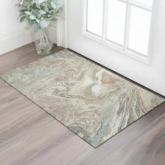 Beige Copper And Green Abstract Washable Area Rug With UV Protection Photo 2