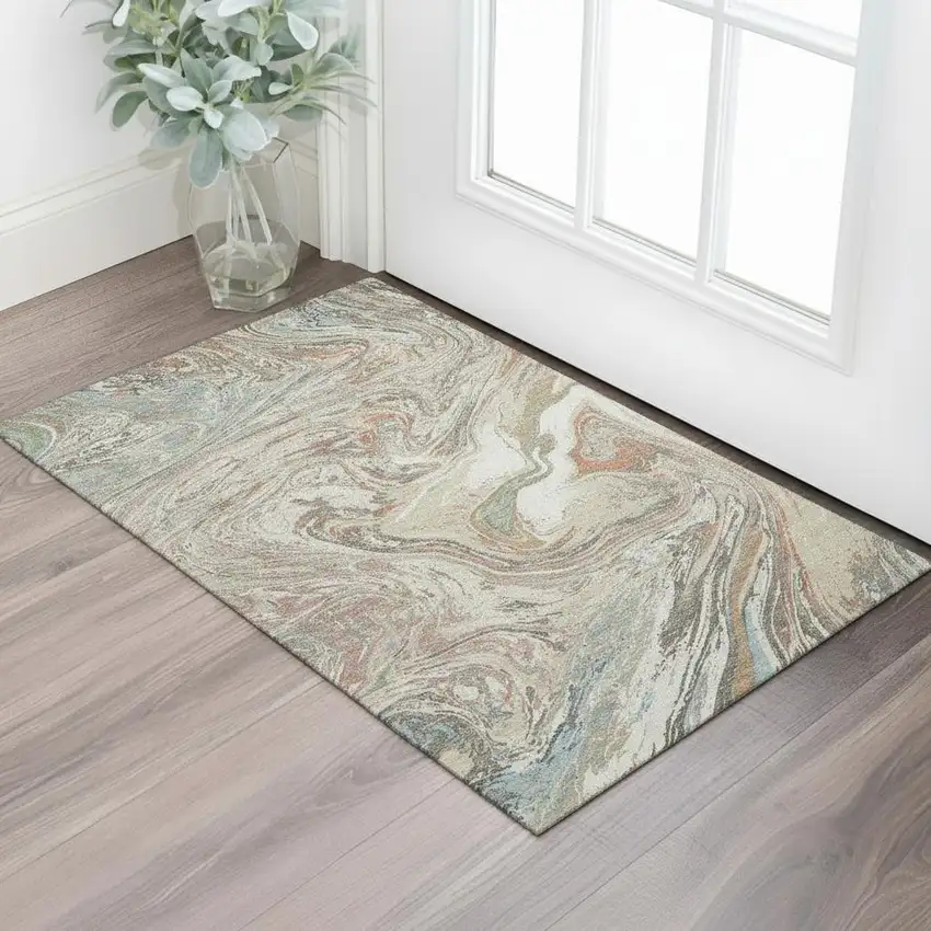Beige Copper And Green Abstract Washable Area Rug With UV Protection Photo 2