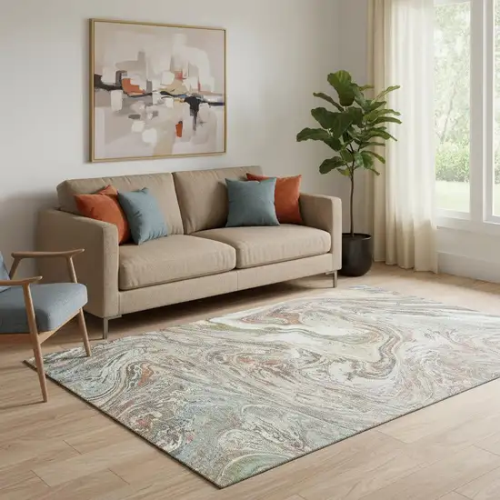 Beige Copper And Green Abstract Washable Area Rug With UV Protection Photo 2