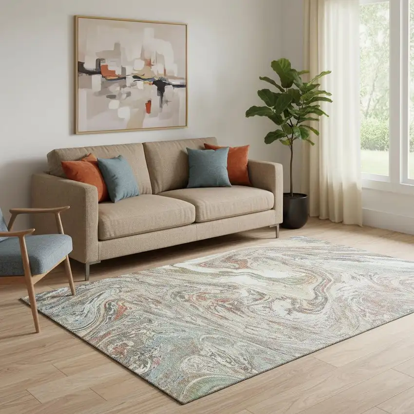 Beige Copper And Green Abstract Washable Area Rug With UV Protection Photo 2