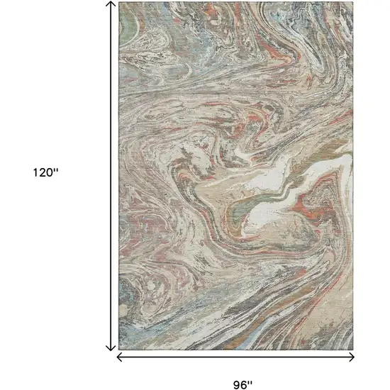 Beige Copper And Green Abstract Washable Area Rug With UV Protection Photo 8