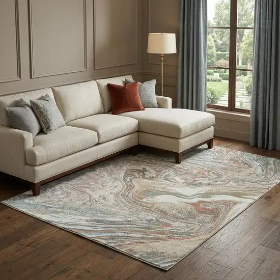 Beige Copper And Green Abstract Washable Area Rug With UV Protection Photo 1