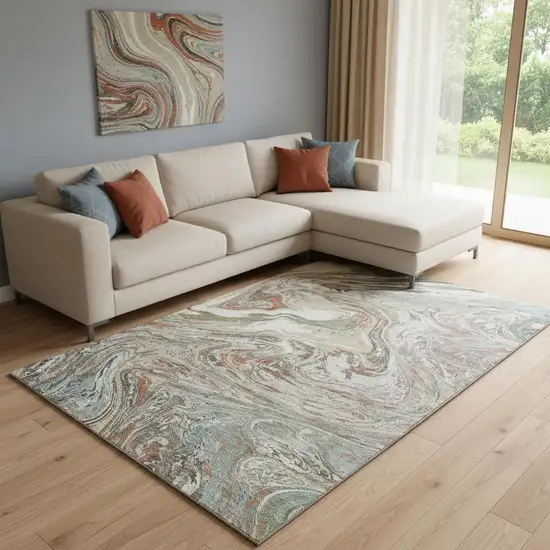 Beige Copper And Green Abstract Washable Area Rug With UV Protection Photo 2