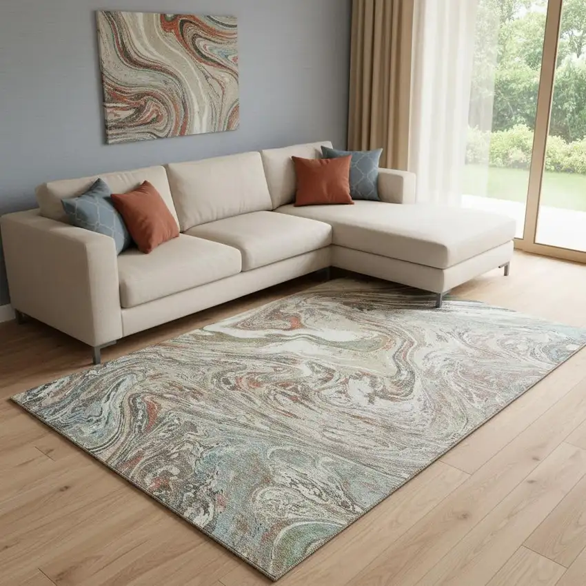 Beige Copper And Green Abstract Washable Area Rug With UV Protection Photo 2