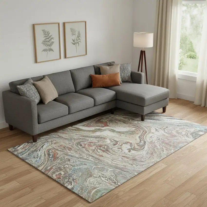 Beige Copper And Green Abstract Washable Area Rug With UV Protection Photo 2