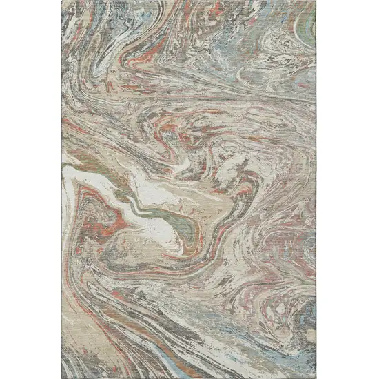 Beige Copper And Green Abstract Washable Area Rug With UV Protection Photo 3