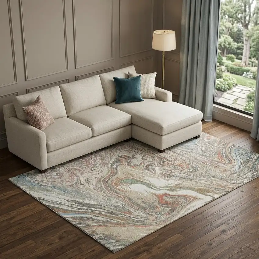 Beige Copper And Green Abstract Washable Area Rug With UV Protection Photo 1