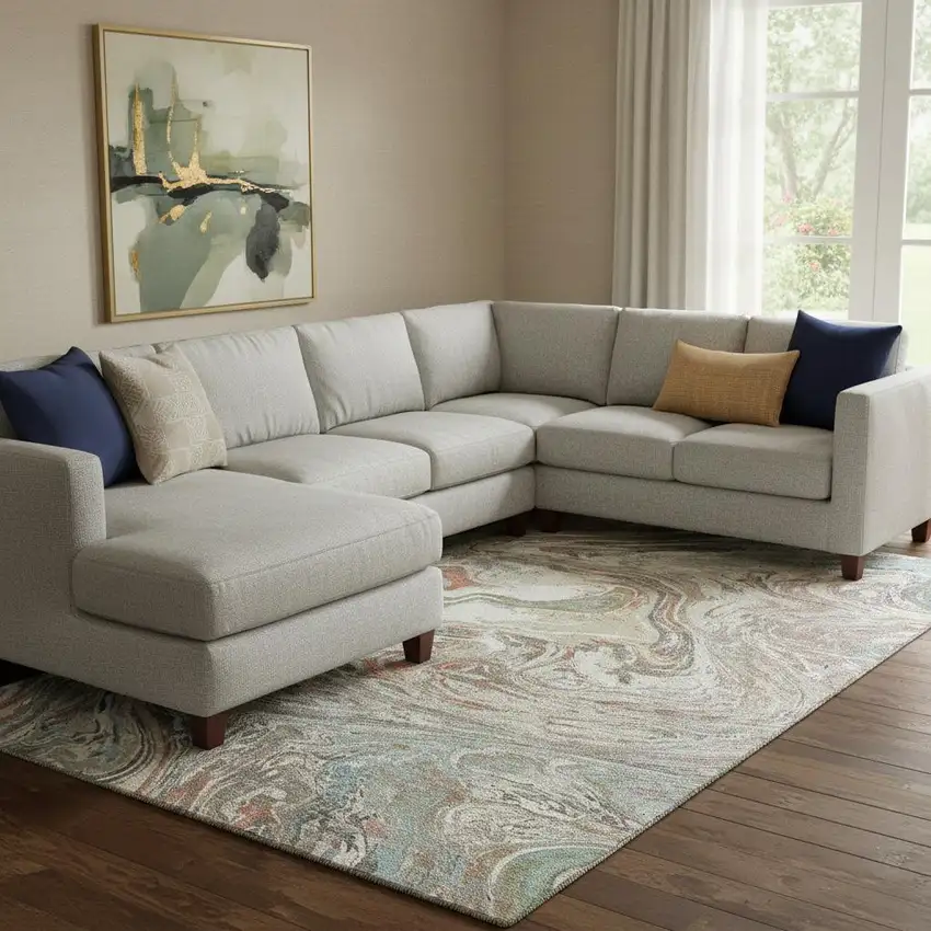 Beige Copper And Green Abstract Washable Area Rug With UV Protection Photo 2