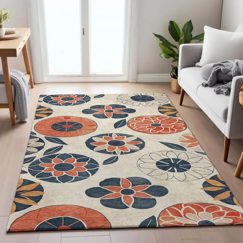 Beige Coral And Navy Blue Floral Washable Indoor Outdoor Area Rug Photo 9