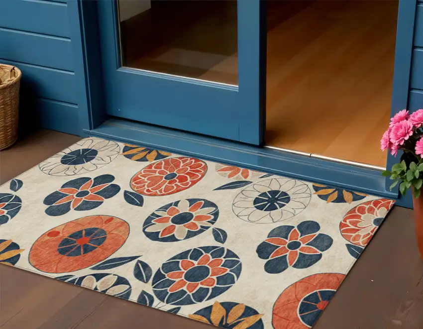 Beige Coral And Navy Blue Floral Washable Indoor Outdoor Area Rug Photo 2