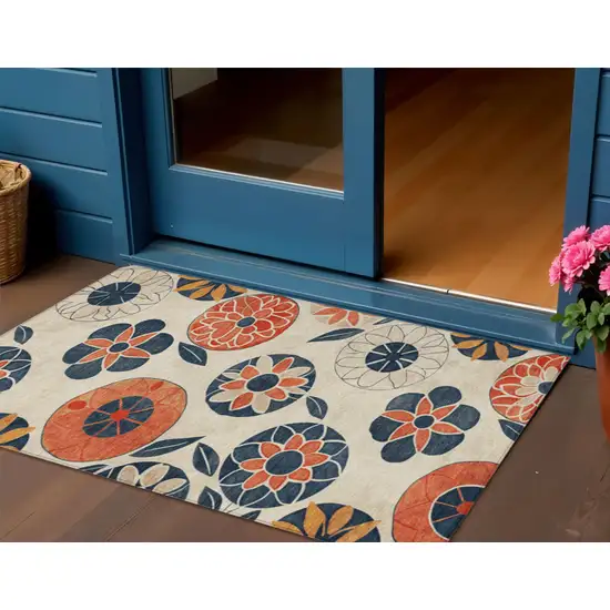 Beige Coral And Navy Blue Floral Washable Indoor Outdoor Area Rug Photo 2