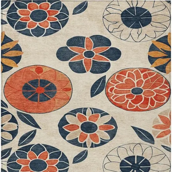 Beige Coral And Navy Blue Floral Washable Indoor Outdoor Area Rug Photo 3