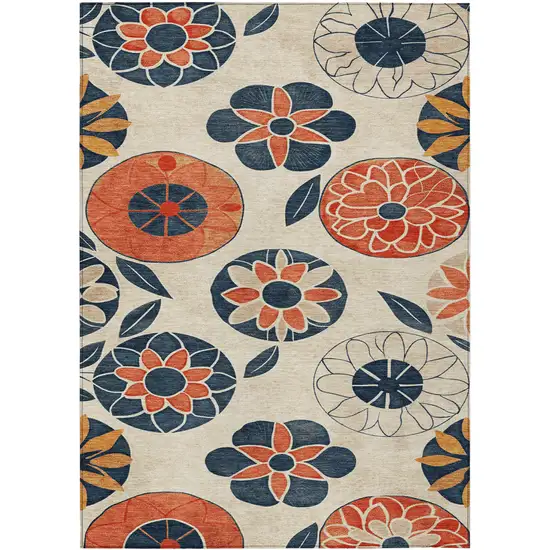 Beige Coral And Navy Blue Floral Washable Indoor Outdoor Area Rug Photo 1