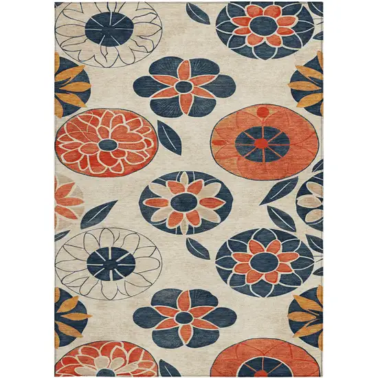 Beige Coral And Navy Blue Floral Washable Indoor Outdoor Area Rug Photo 3