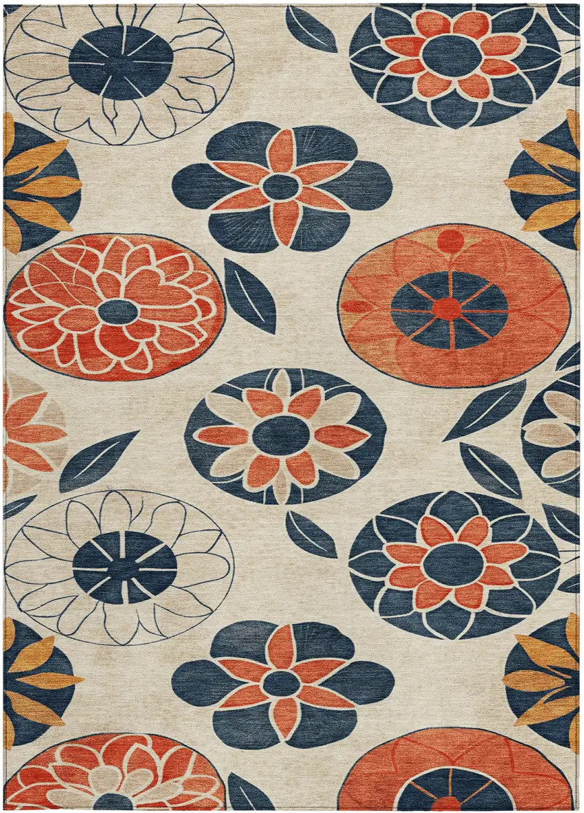Beige Coral And Navy Blue Floral Washable Indoor Outdoor Area Rug Photo 3