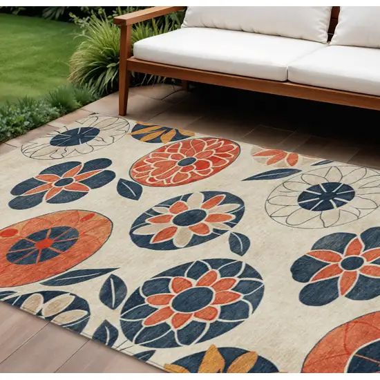 Beige Coral And Navy Blue Floral Washable Indoor Outdoor Area Rug Photo 2