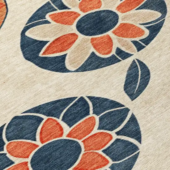 Beige Coral And Navy Blue Floral Washable Indoor Outdoor Area Rug Photo 7