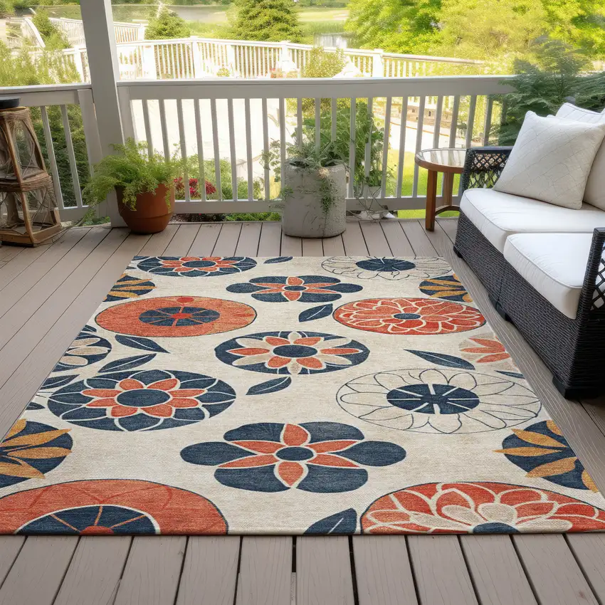 Beige Coral And Navy Blue Floral Washable Indoor Outdoor Area Rug Photo 9