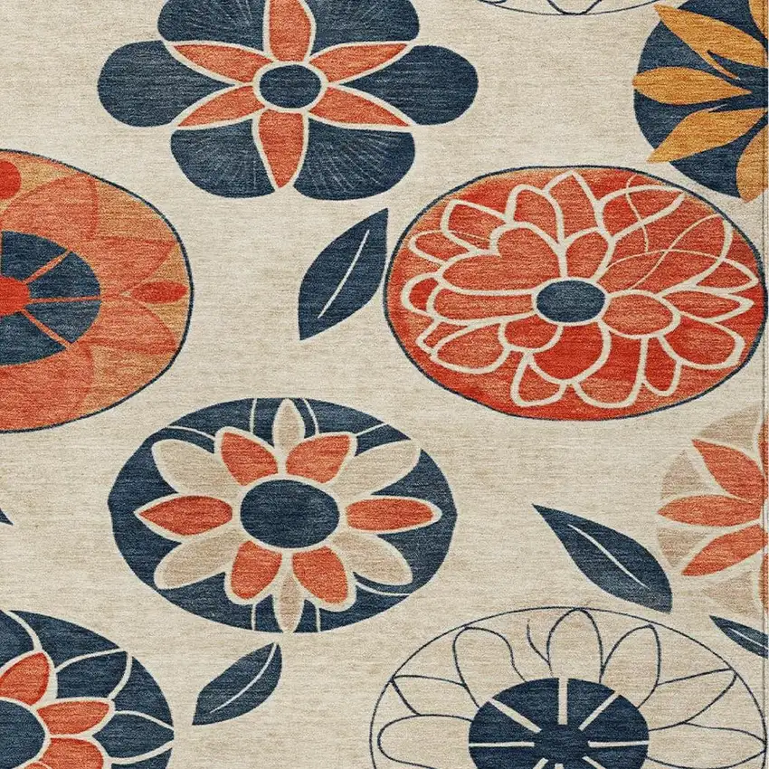 Beige Coral And Navy Blue Floral Washable Indoor Outdoor Area Rug Photo 5