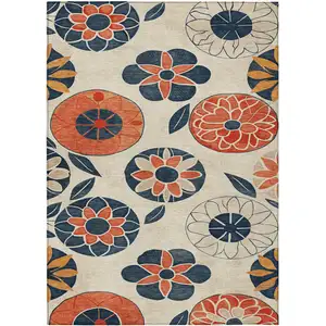 Photo of Beige Coral And Navy Blue Floral Washable Indoor Outdoor Area Rug