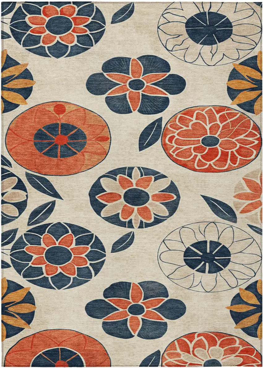 Beige Coral And Navy Blue Floral Washable Indoor Outdoor Area Rug Photo 1