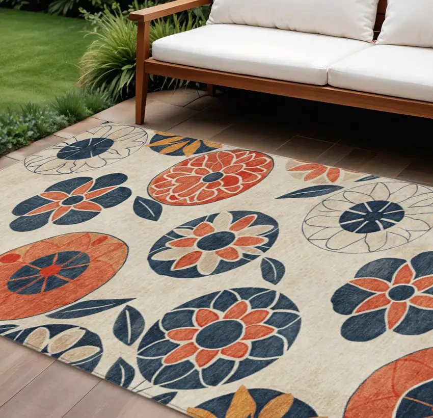 Beige Coral And Navy Blue Floral Washable Indoor Outdoor Area Rug Photo 2