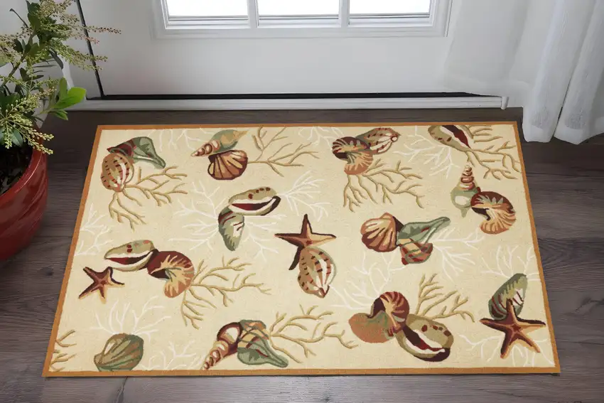Beige Green And Brown Seashell and Coral Hand Tufted Area Rug Photo 2
