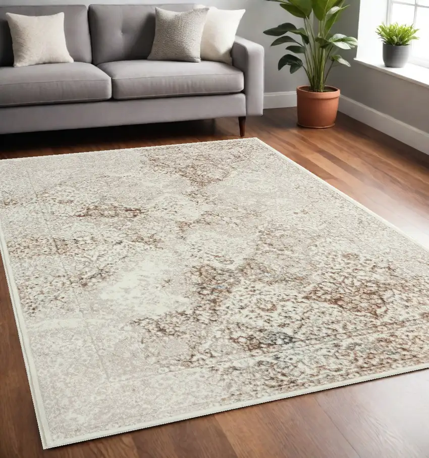 Beige Cream And Brown Damask Stain Resistant Area Rug Photo 1