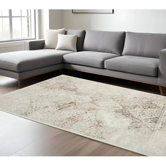 Beige Cream And Brown Damask Stain Resistant Area Rug Photo 1