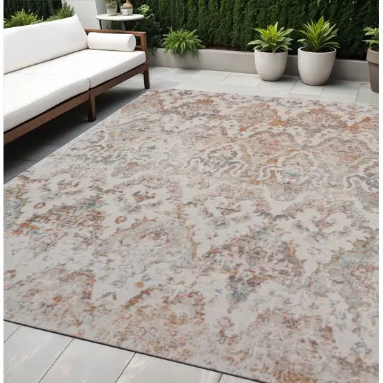 Beige Damask Stain Resistant Indoor Outdoor Area Rug Photo 1