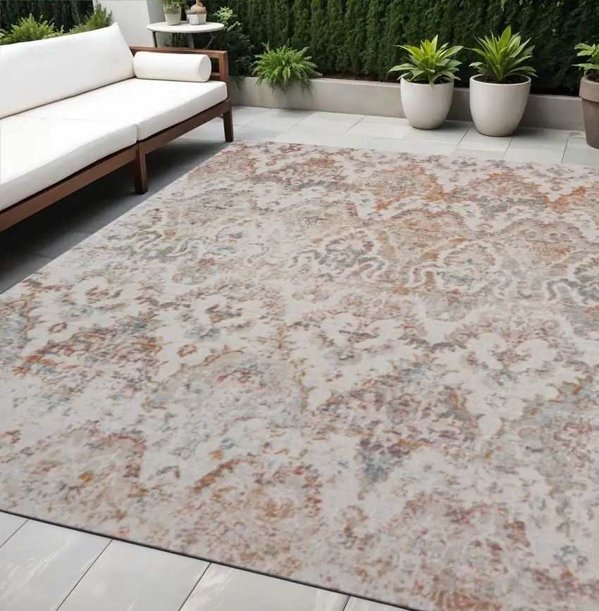 Beige Damask Stain Resistant Indoor Outdoor Area Rug Photo 1